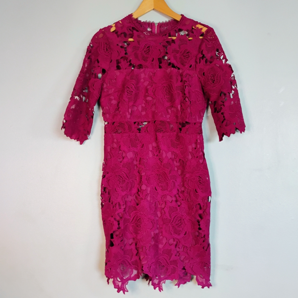 Lulu's Women's Size M Floral Lace Sheath Dress Fuchsia Pink Bodycon 3/4 Sleeves